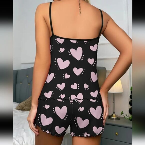 Black and Pink Heart Print Pajama Set Sleeveless Stretch XL - Picture 5 of 5